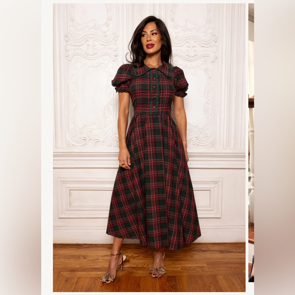 Plaid Puff-Sleeve Midi Dress - Red & Green